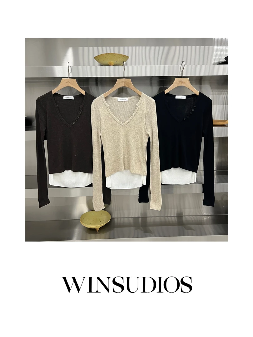 【WIN小众定制款】软秋一号大v领拼接针织衫