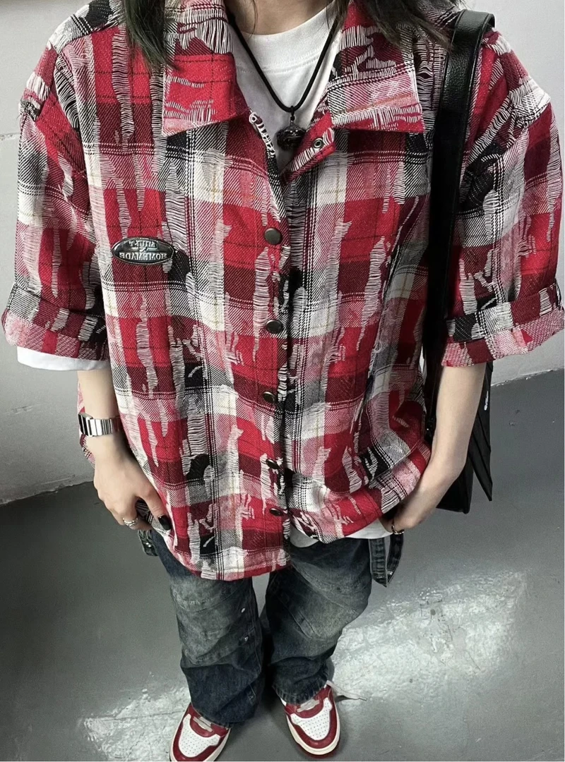橙色软件三位数！质量超顶！重磅bf风扎染磨破格子衬衫短袖男女同款