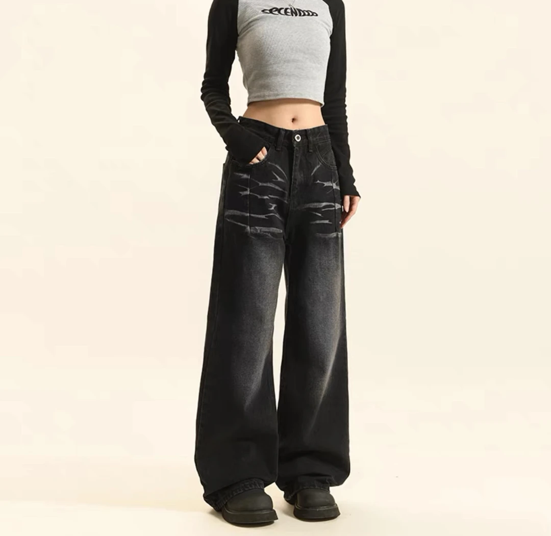 9328#饱饱104！男女同款闭眼冲！设计感刺绣直筒阔腿牛仔裤