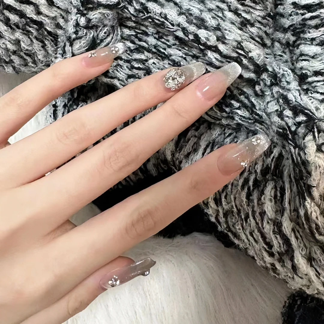 「心弦」纯手工穿戴甲光疗气质可爱穿戴式梯形纯欲裸色冰透爆闪猫眼