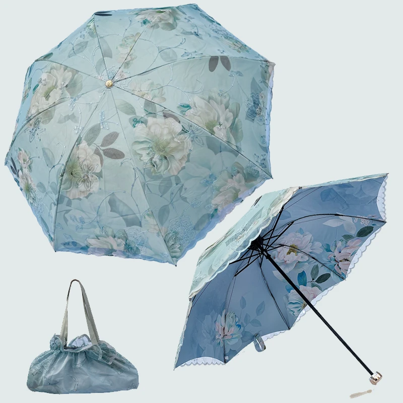 【双层蕾丝 三折雾面胶】小巧学生折叠防紫外线伞遮阳伞彩胶太阳伞