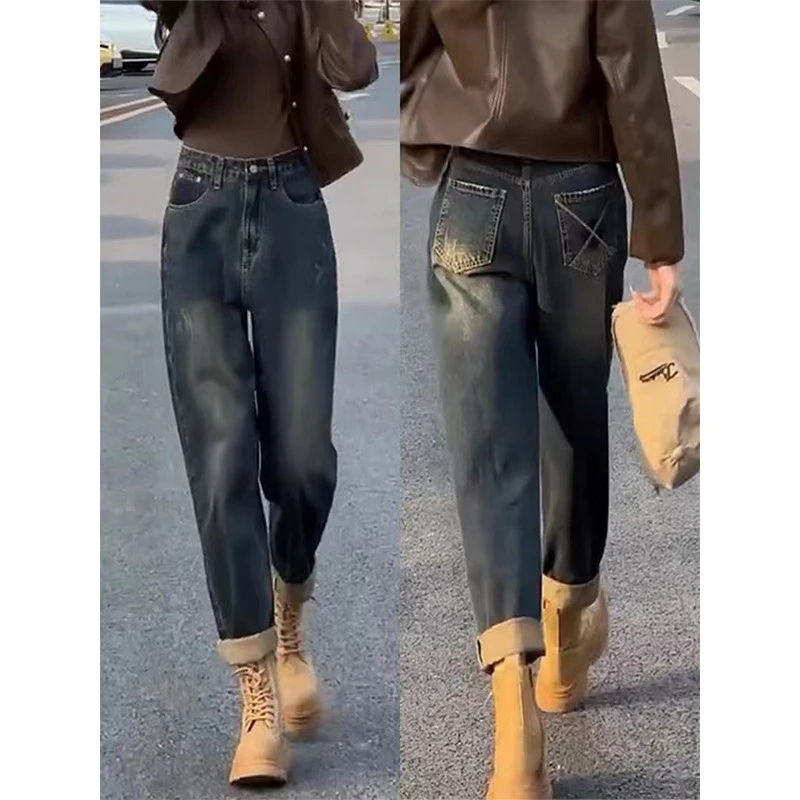大码哈伦牛仔裤女2025秋季胖mm高腰显瘦宽松百搭直筒萝卜老爹裤子