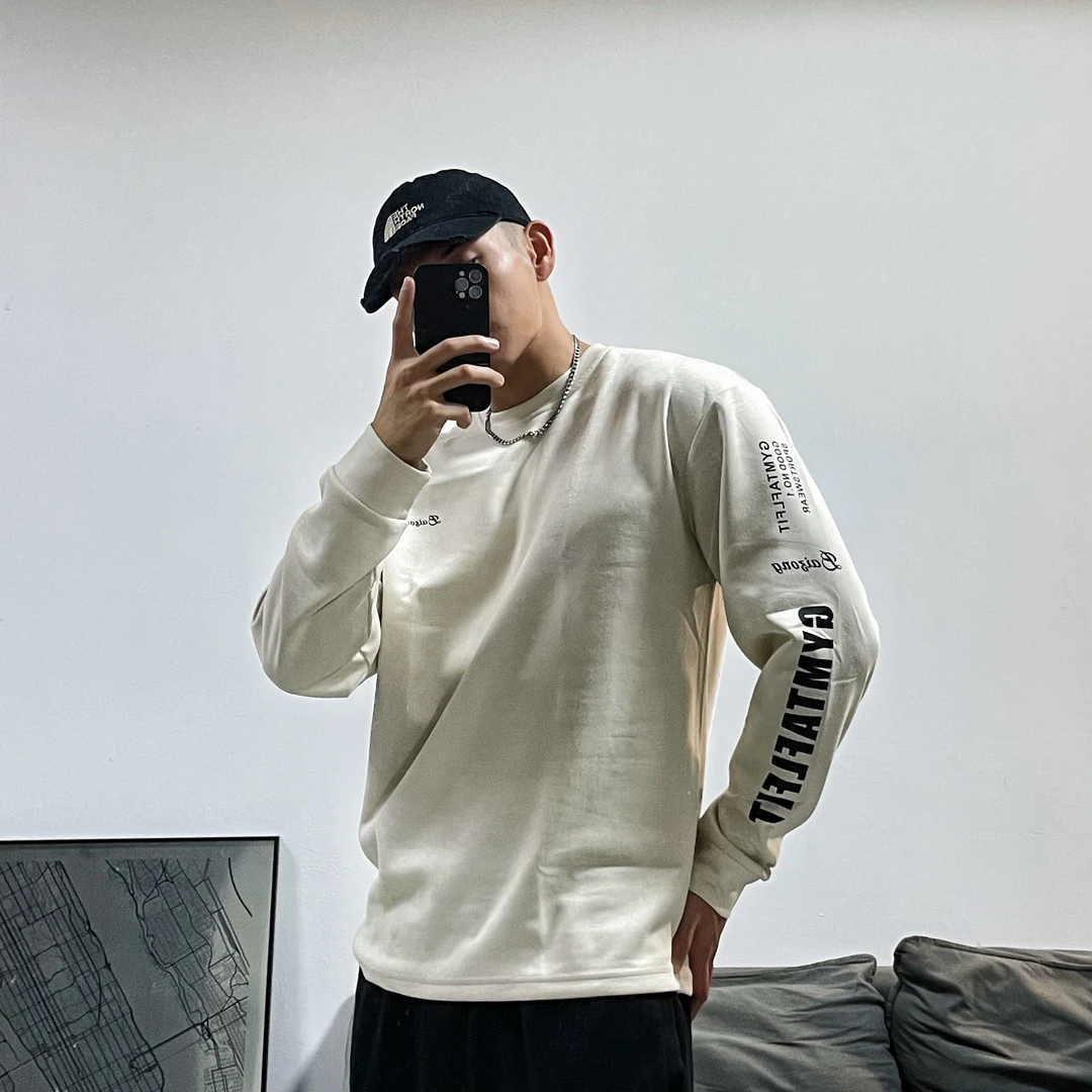 【麂皮绒料/超柔软】男士长袖美式复古T恤春夏款百搭潮牌健身运动衣