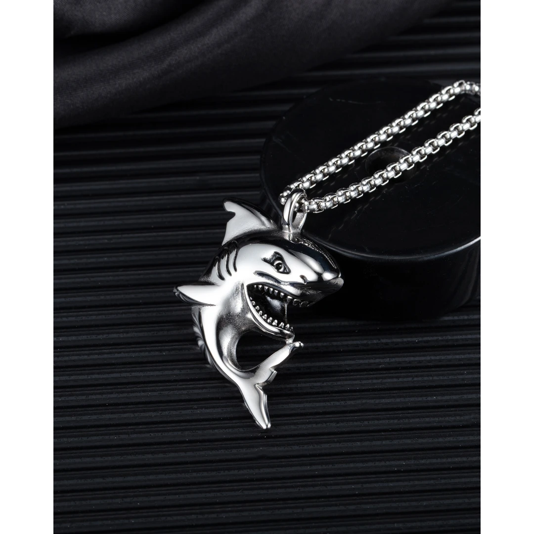 钛钢项链 欧美新款男士项链潮男街头嘻哈朋克鲨鱼个性吊坠配饰品