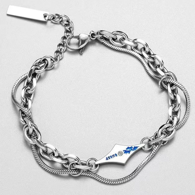 钛钢手链 男款双层缠绕菱形火焰手环银色学生版简约ins超仙手饰品