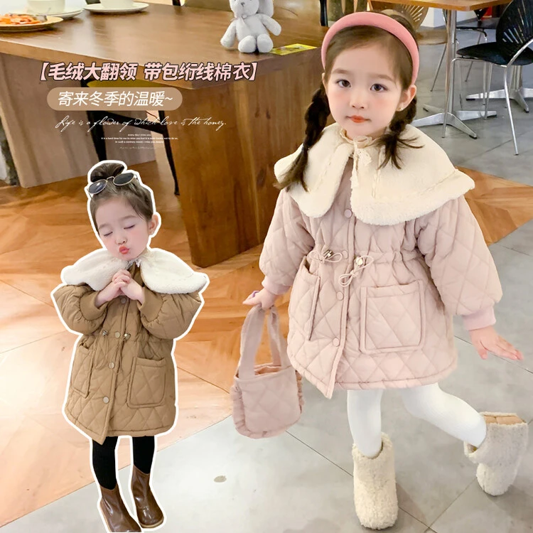 带包小棉衣网红风图儿童女童洋气毛绒温暖翻领冬季宝宝中长款加绒