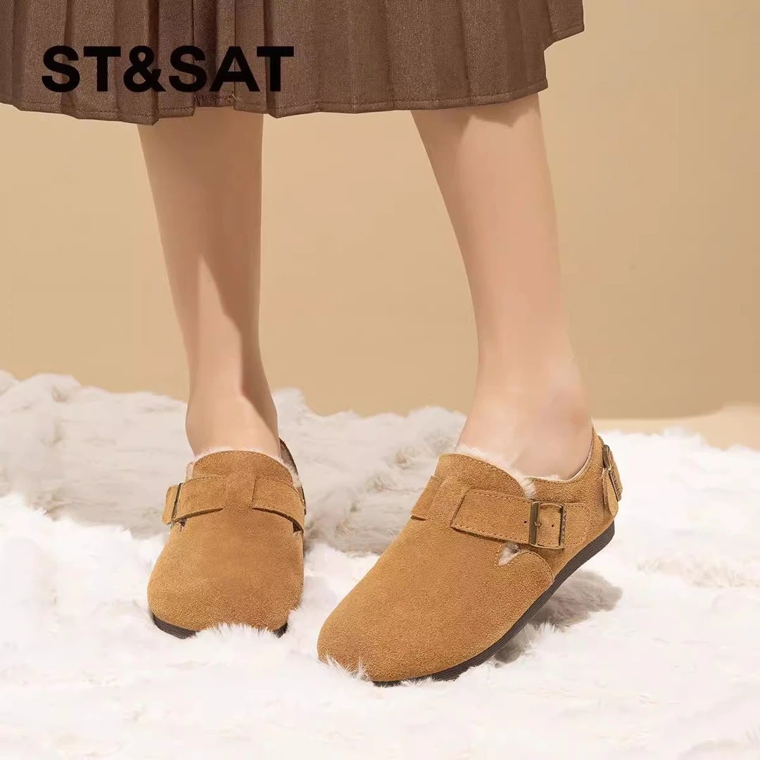星期六真皮一脚蹬勃肯鞋女2024冬季新款时尚舒适加绒保暖懒人鞋