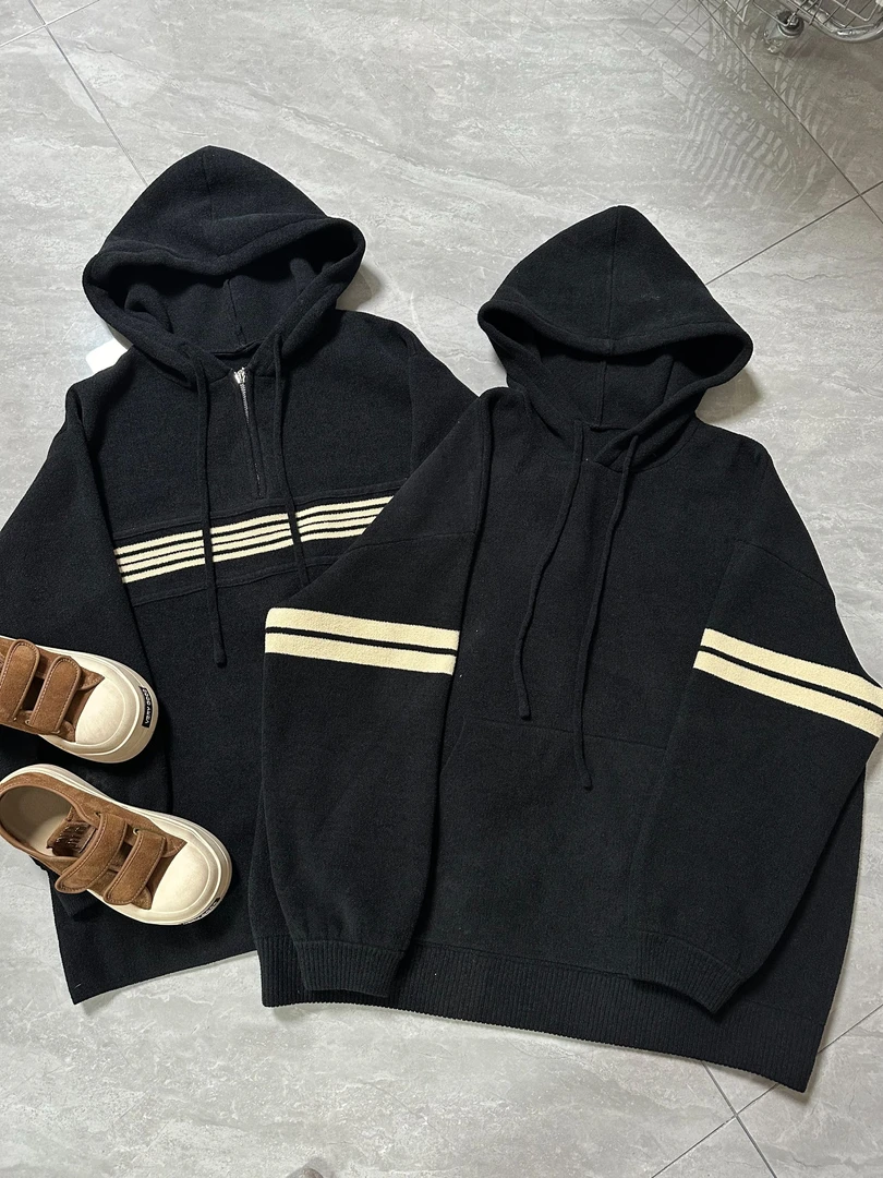 【不得不爱】2025秋冬新款欧货连帽百搭拼接蓝粒绒套头毛衣