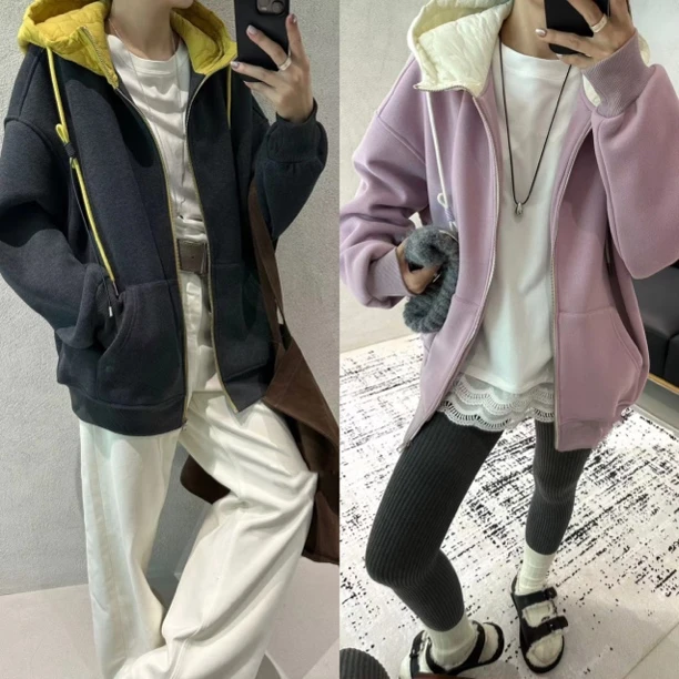 【不得不爱】2024秋冬新款拼接休闲百搭连帽撞色减龄加绒卫衣外套