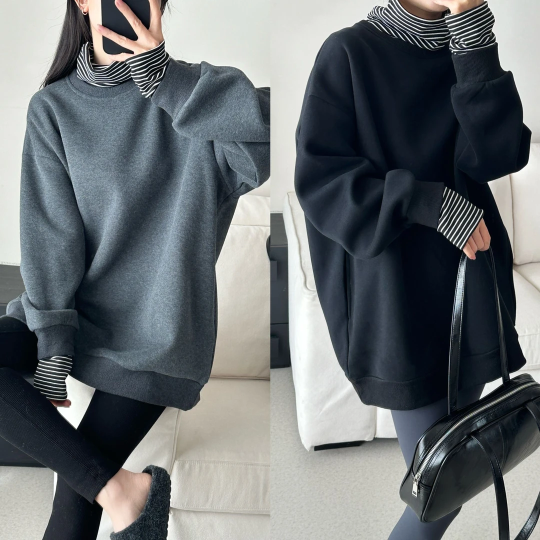 【不得不爱】2024冬季新款韩系高级感拼接条纹高领加绒假两件卫衣