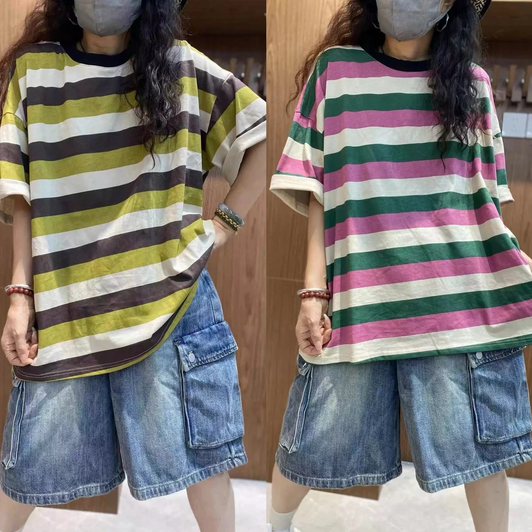 【不得不爱】2024夏季新款宽松休闲百搭彩色条纹短袖T恤
