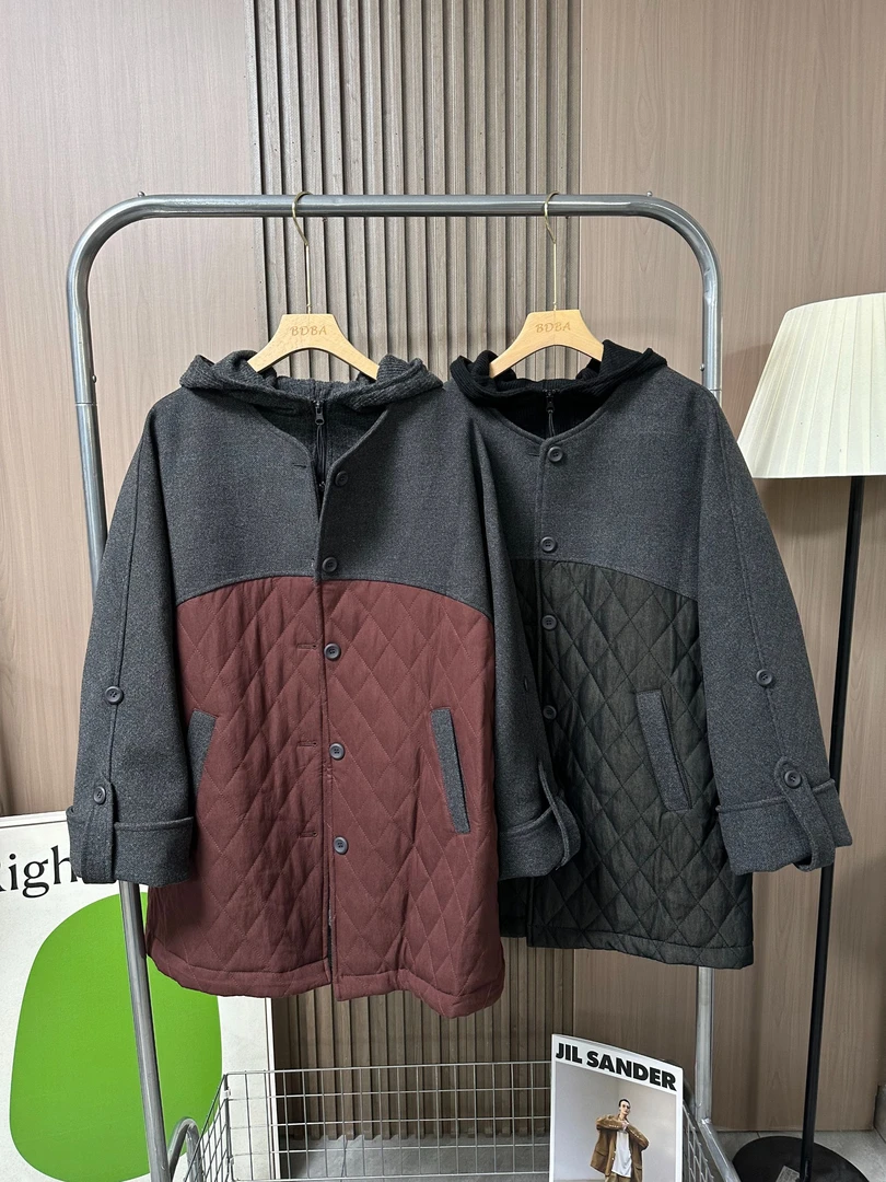 【不得不爱】2024秋冬新款欧货高端时尚休闲拼接毛呢菱形格夹棉外套