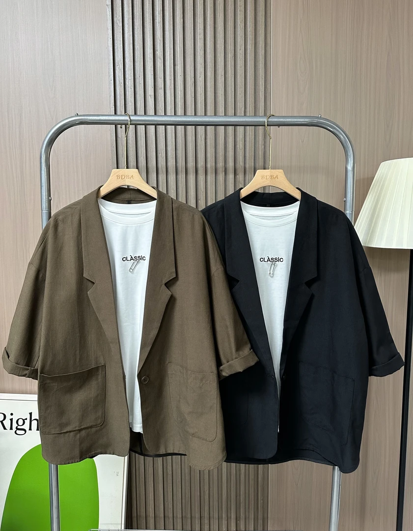 【不得不爱】2024新款宽松休闲时尚百搭中袖麻料西装外套