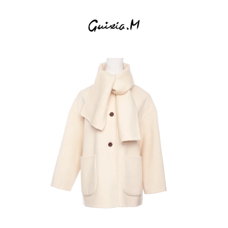 Guixia.M-【北海道】围脖无领羊绒羊毛混纺中长款大衣