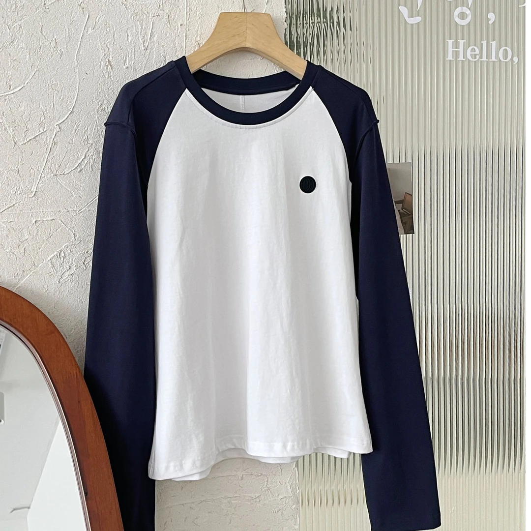 秋季新款se.W笑.脸拼接拼色设计师款圆领长袖打底衫