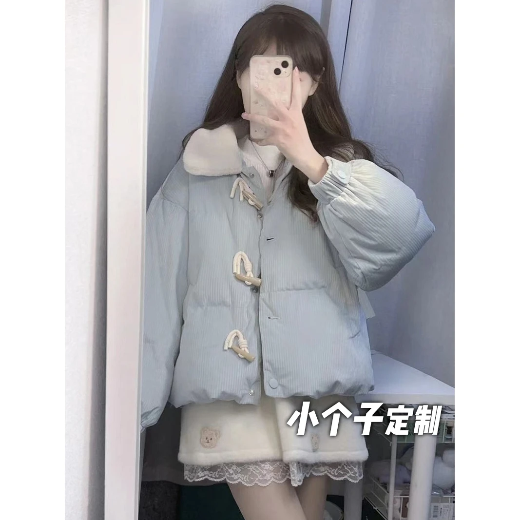 150小矮个子羊羔毛领棉袄服女秋冬保暖复古宽松短款羽绒棉衣外套