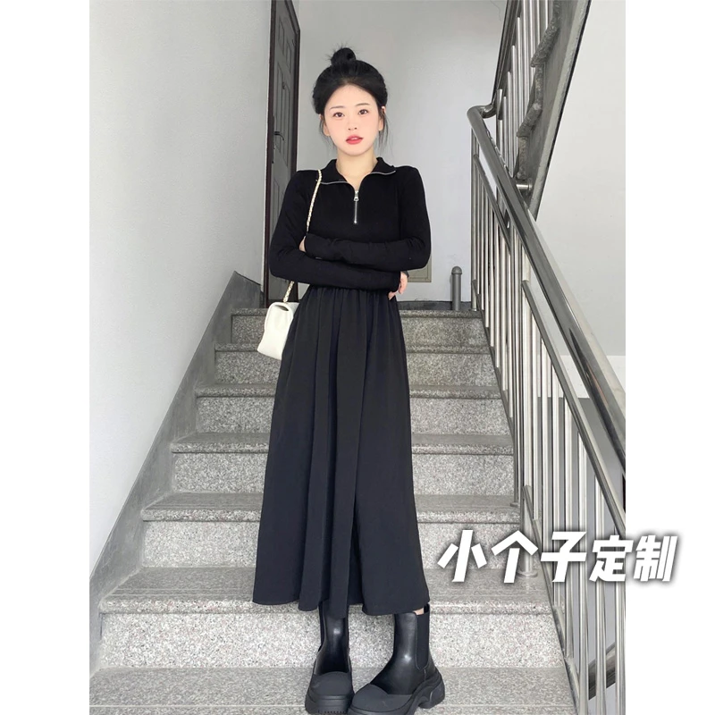 150小矮个子法式赫本风针织长袖翻领连衣裙女秋冬收腰a字裙中长款