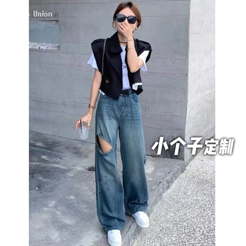 150小矮个子美式复古破洞牛仔裤女高腰直筒阔腿ins潮xs显高九分夏