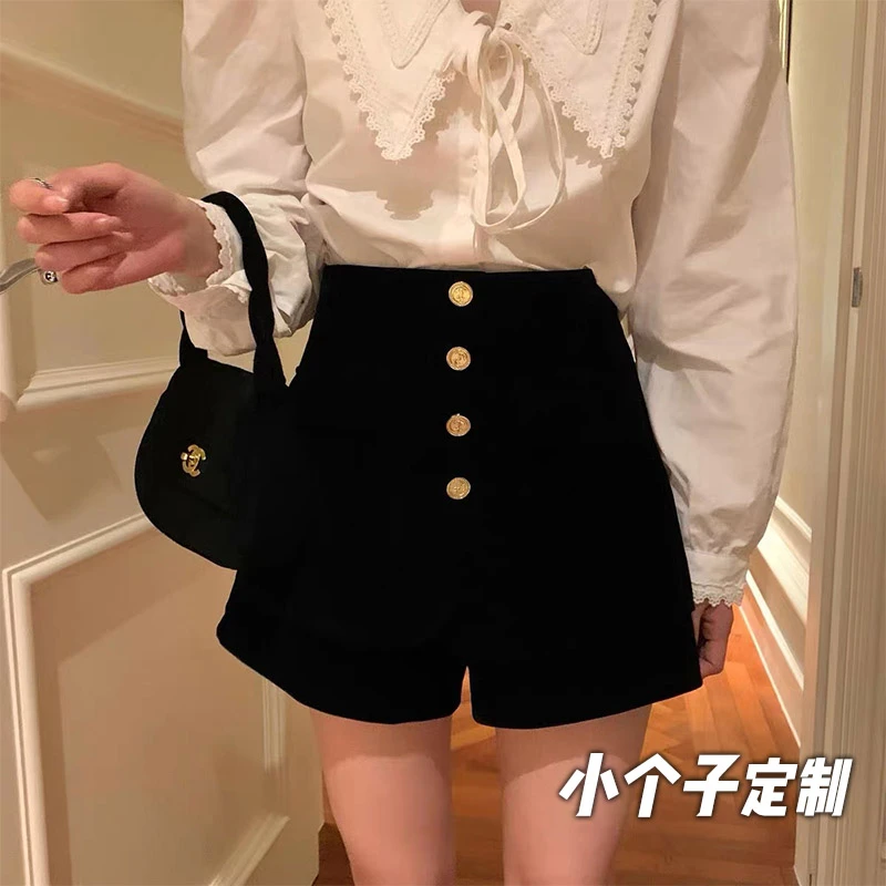 150瘦小个子丝绒排扣阔腿A字超短裤秋冬高腰显高气质加小码xs靴裤