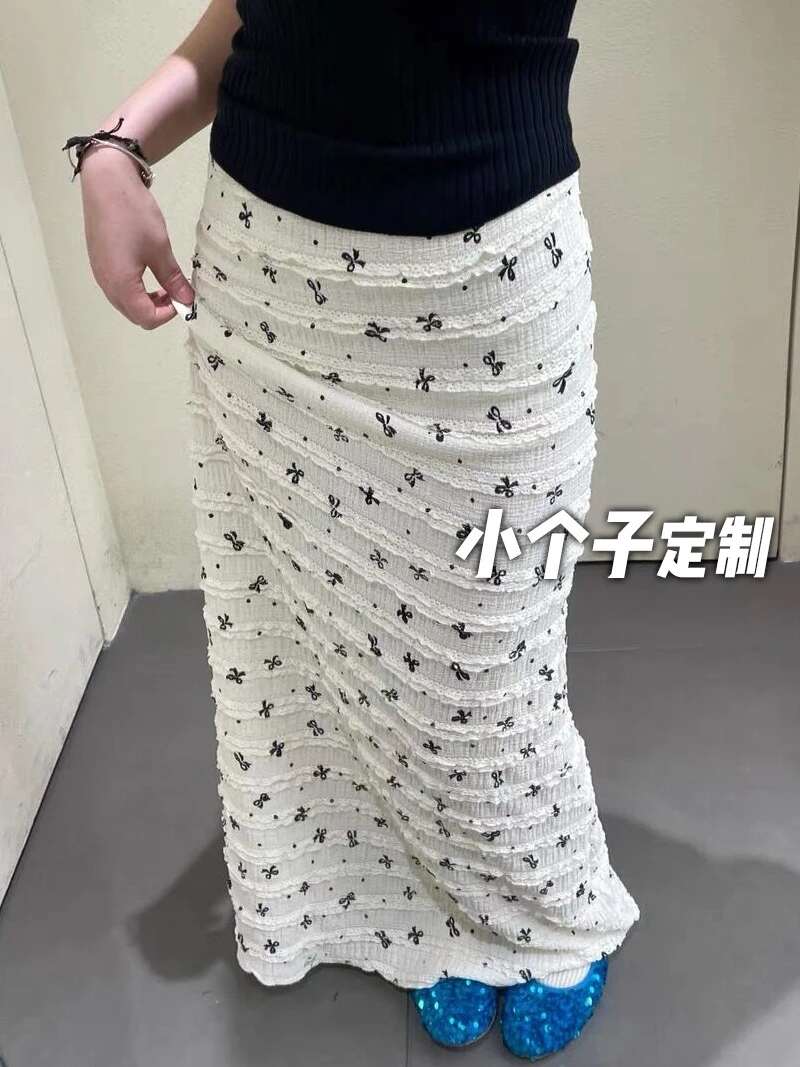 150小矮个子蝴蝶结印花蕾丝碎花半身裙女夏拖地包臀中长款鱼尾裙