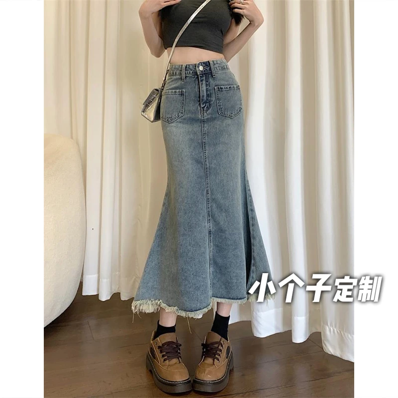 145小个子复古毛边鱼尾牛仔半身裙高腰复古a字包臀中长款xs显高BQ
