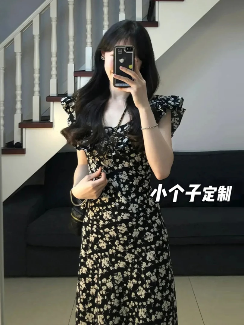 夏季小矮个子高级感碎花连衣裙女收腰法式小飞袖a字中长裙xs显高