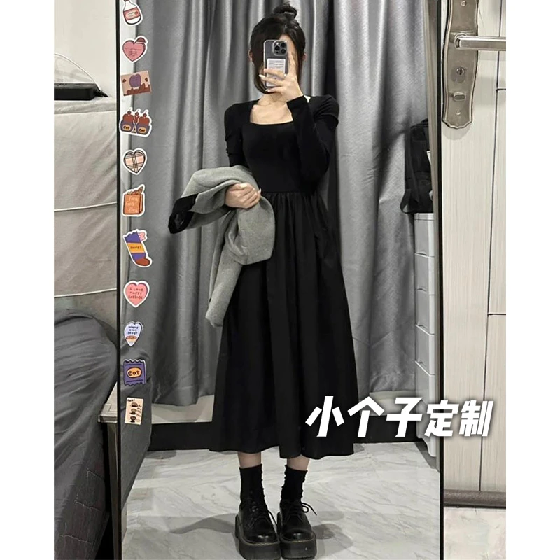 150小矮个子黑色赫本风连衣裙女春秋小黑裙a字中长款打底xs显瘦