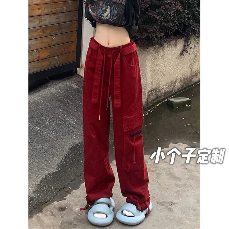 150小矮个子红色工装裤女145低腰辣妹直筒阔腿xs显高九分搭配秋冬