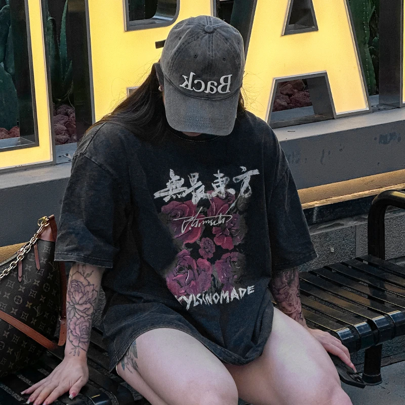 无畏东方&小仙联名款短袖美式做旧水洗T恤潮牌男女运动宽松大码
