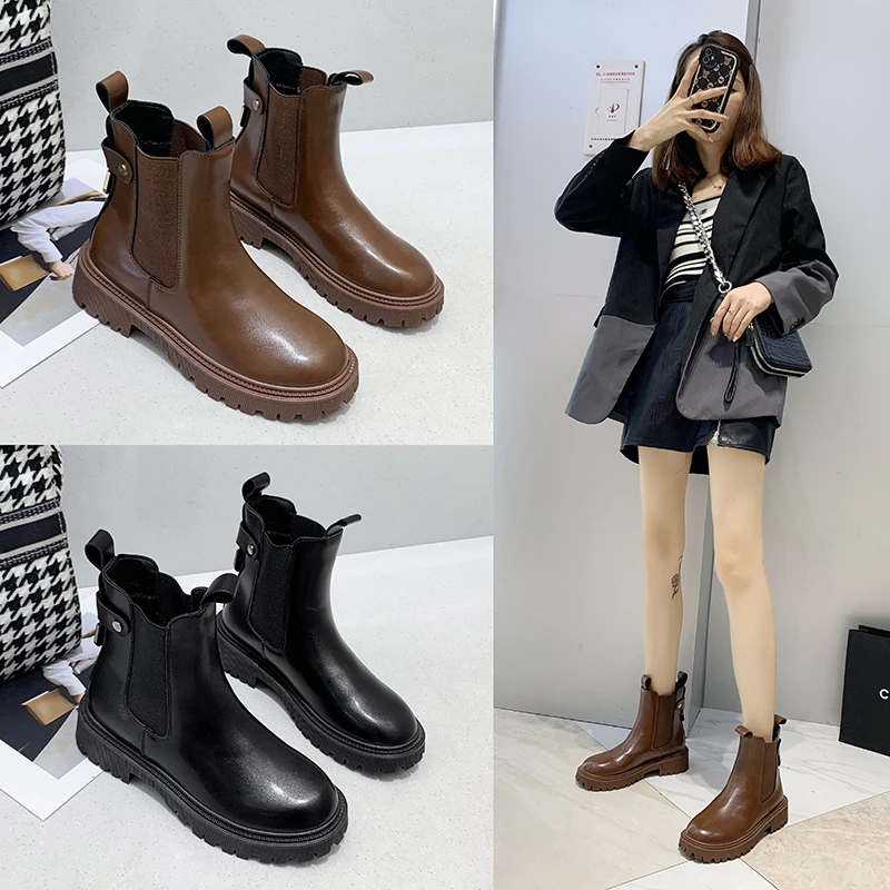 网红小众马丁靴2024年新款女鞋厚底套脚英伦风短筒套脚切尔西