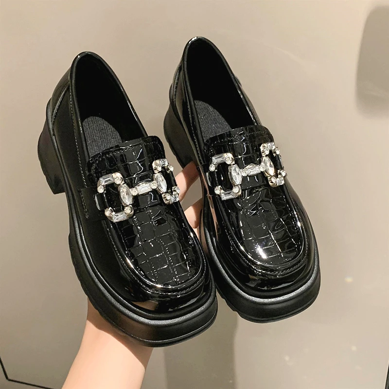 网红小众休閑百搭水钻乐福鞋女2024年韩版新款浅口厚底圆头女鞋潮