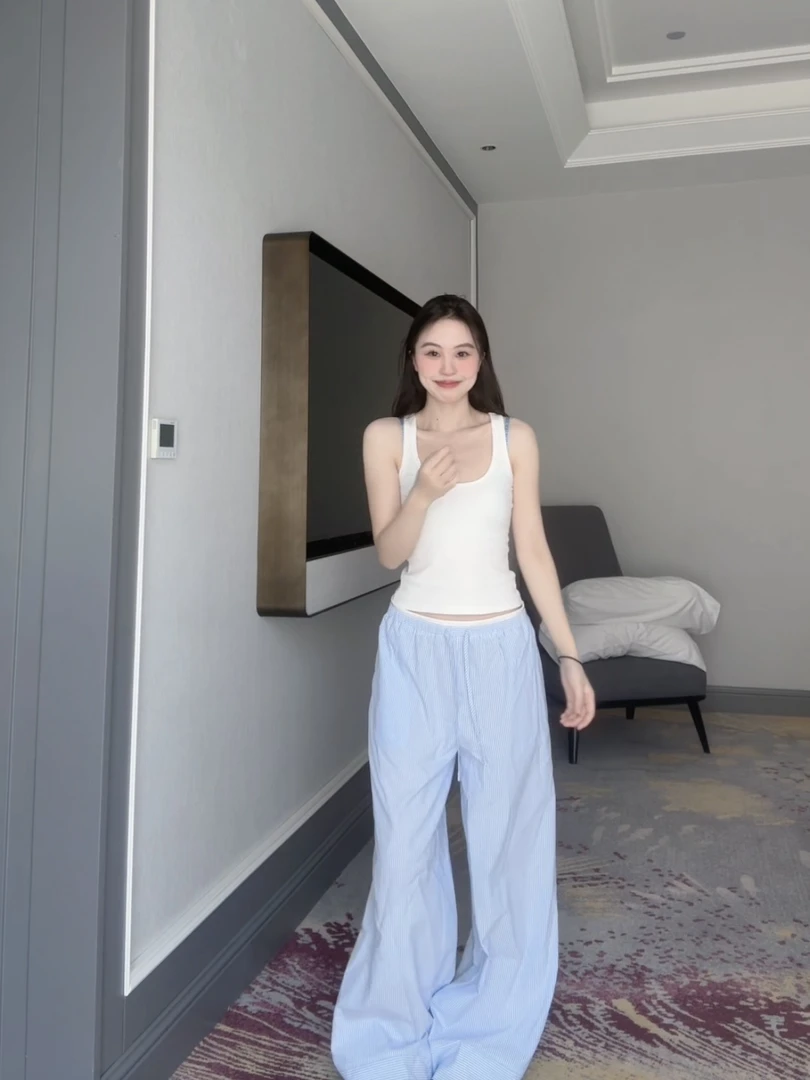 小白犬【慵懒周末】蓝色竖条纹薄款宽松遛弯休闲裤