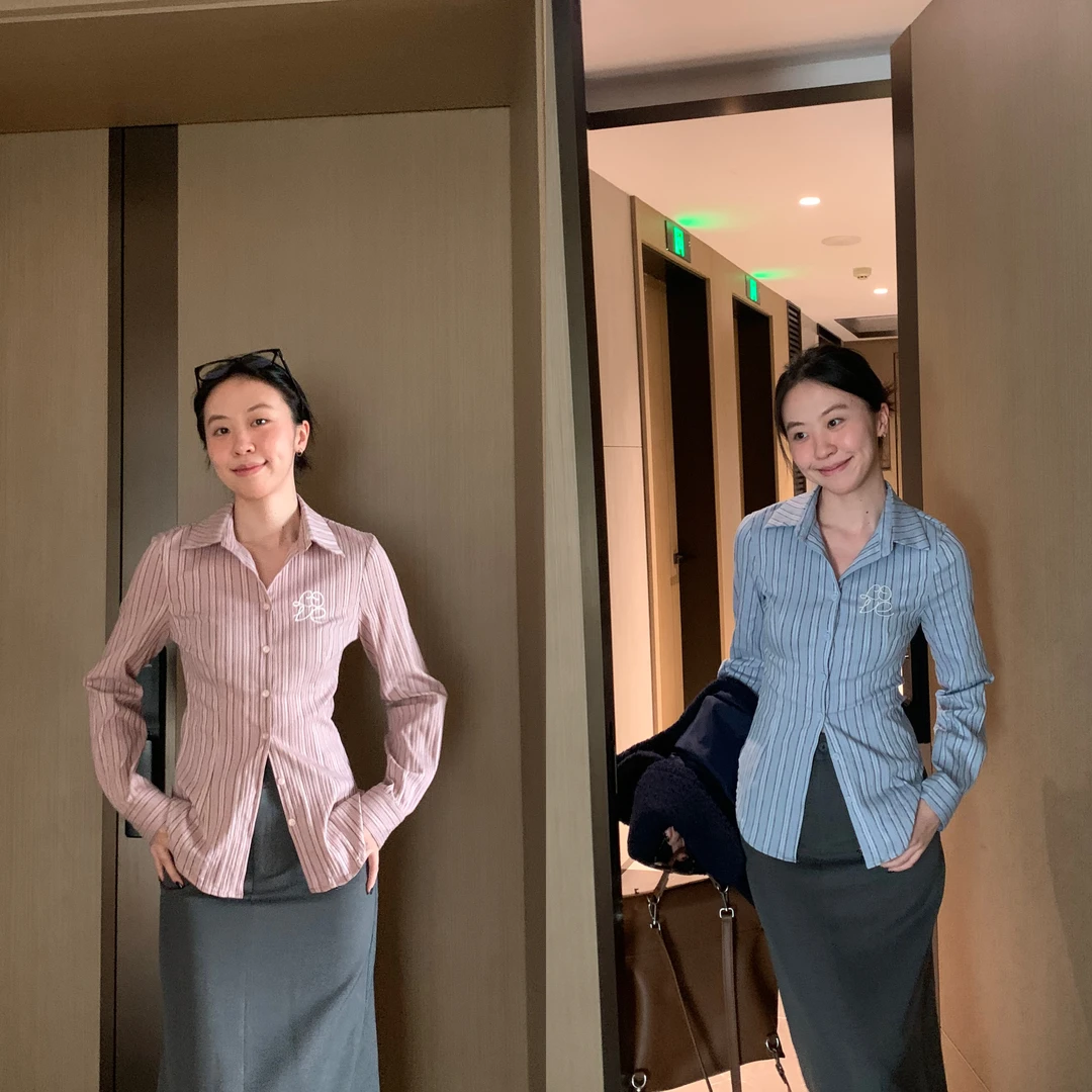 闭店清仓NO退NO换 【现货】设计感百搭纯欲收腰粉色条纹衬衫