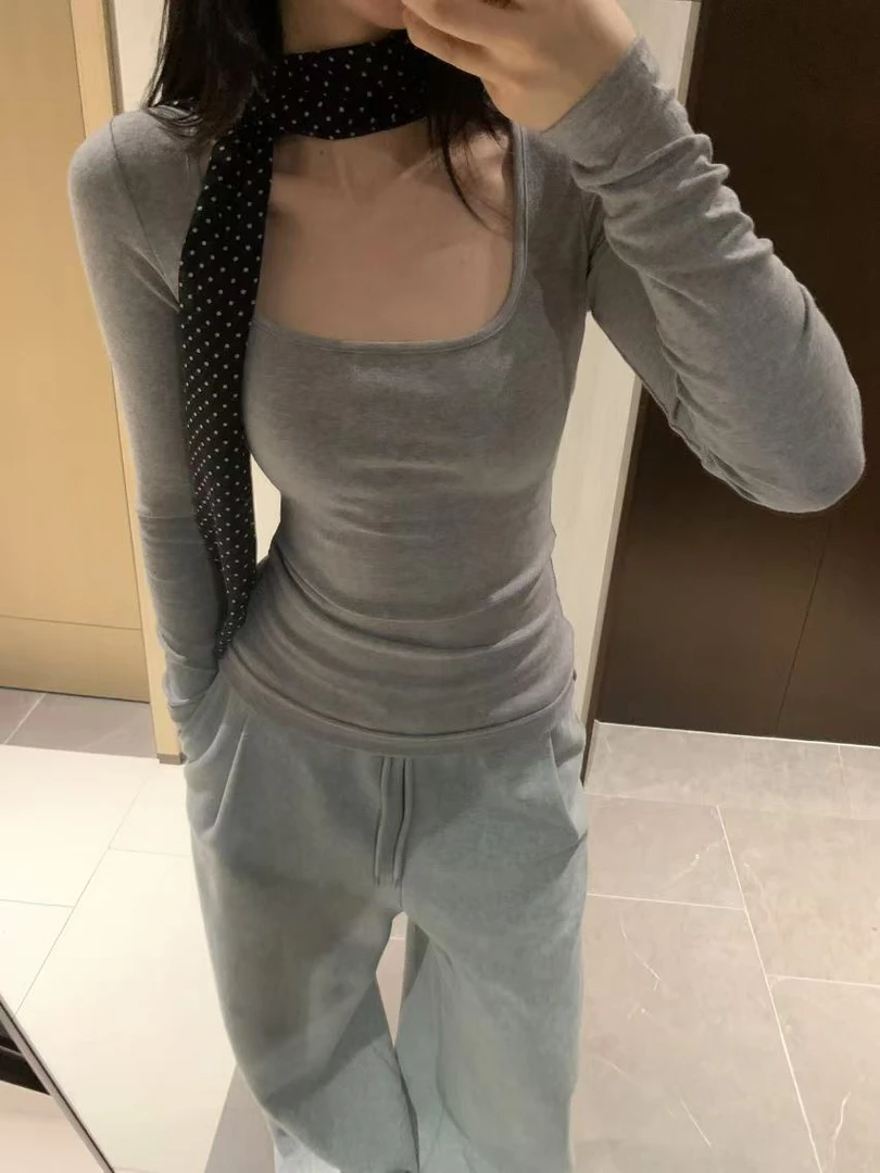 闭店清仓NO退NO换 灰色大方领秋冬磨毛长袖内搭上衣