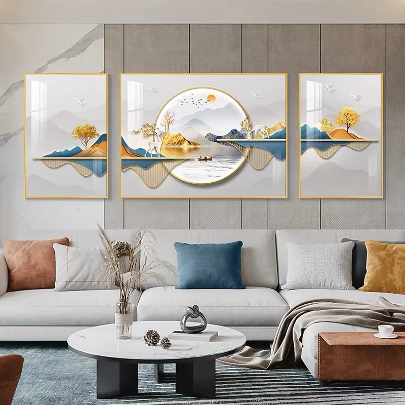 麋鹿生辉轻奢大气山水画沙发背景墙晶瓷镶钻装饰挂画