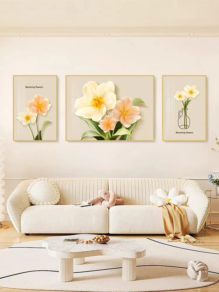 现代花卉三联奶油风现代风晶瓷装饰挂画