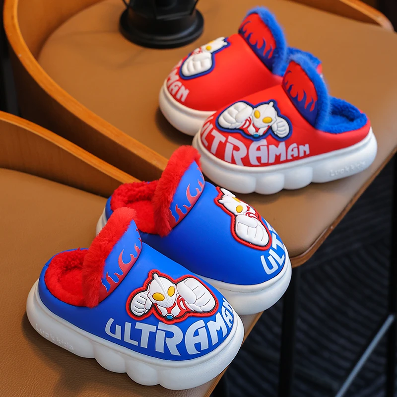 奥特曼儿童棉拖鞋男童秋冬季室内外保暖防水防滑包跟PU皮宝宝棉鞋