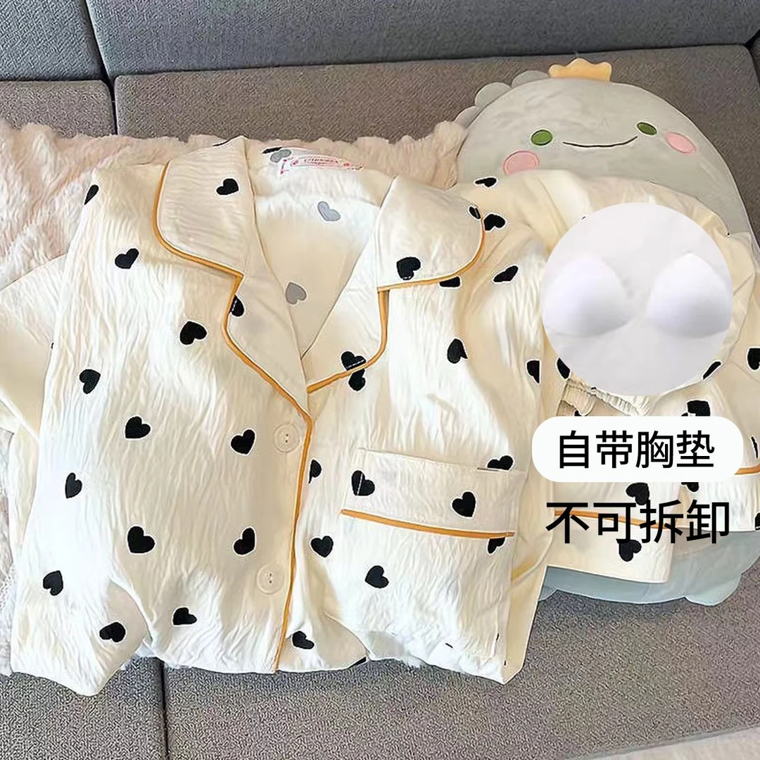 【胸垫版】夏季睡衣少女爱心波点百搭透气薄款三件套云朵棉家居服
