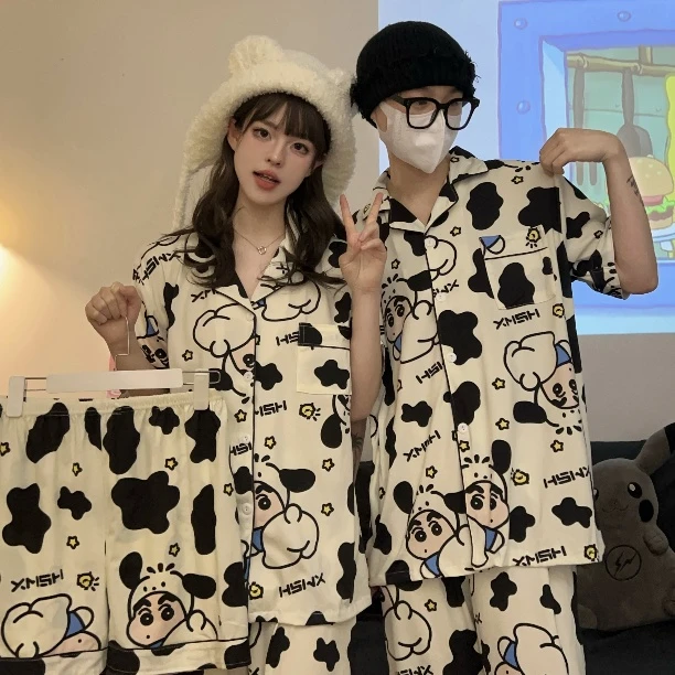 蜡笔小新可外穿睡衣夏季女短袖短裤三件套大码薄款家居服套装男款