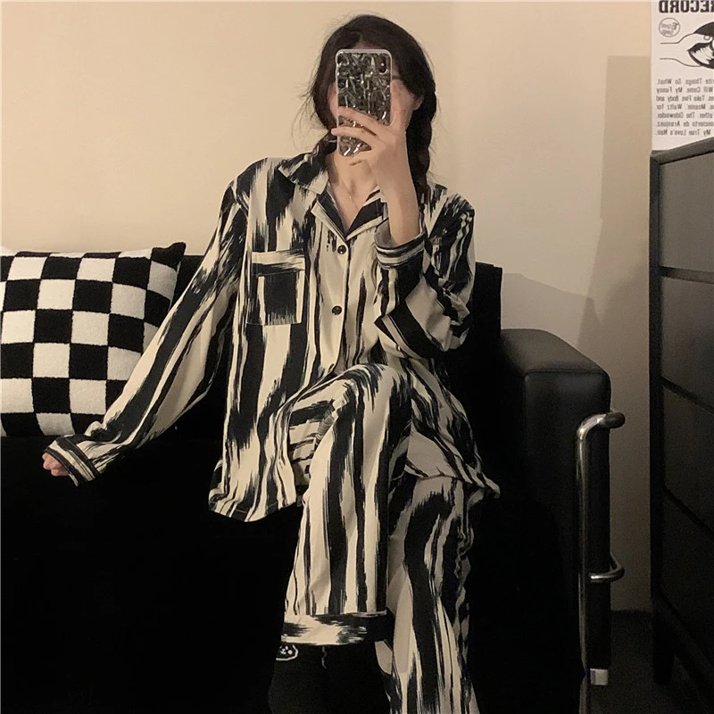 情侣睡衣女春秋季条纹简约高级感网红长袖大码宽松家居服可外穿