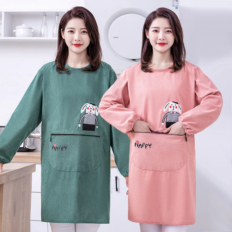 小清新加厚灯芯绒防水长袖围裙家用成人罩衣女时尚耐脏带袖工作服