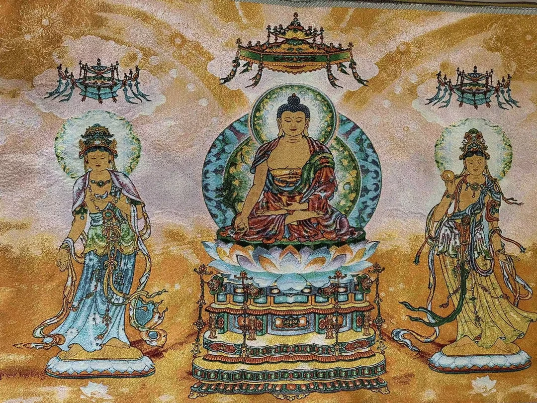 刺绣织锦东方三圣90cm*60cm客厅背景墙玄关入户过道挂画茶室佛堂