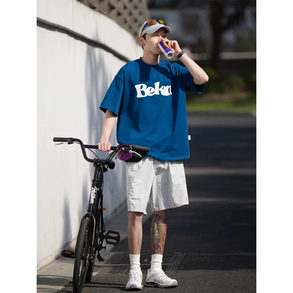 BELLKENIDEA简约印花纯色纯棉300g重磅圆领宽松短袖T恤男女潮流