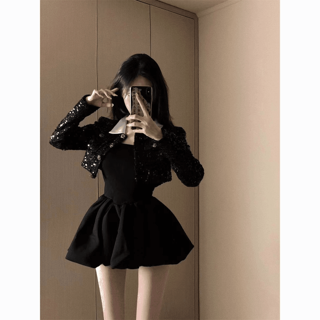 法式重工设计感短款外套秋季新款纯欲风收腰显瘦花苞短裙子套装女