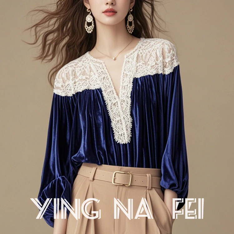 藏蓝色丝绒拼接蕾丝V领长袖衬衣女款2025新款爆款秋季气质小上衣