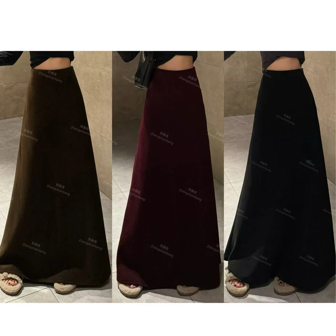 ZSL（针织半裙）秋冬气质显瘦高腰弹力带A字版竖坑条针织半身长裙