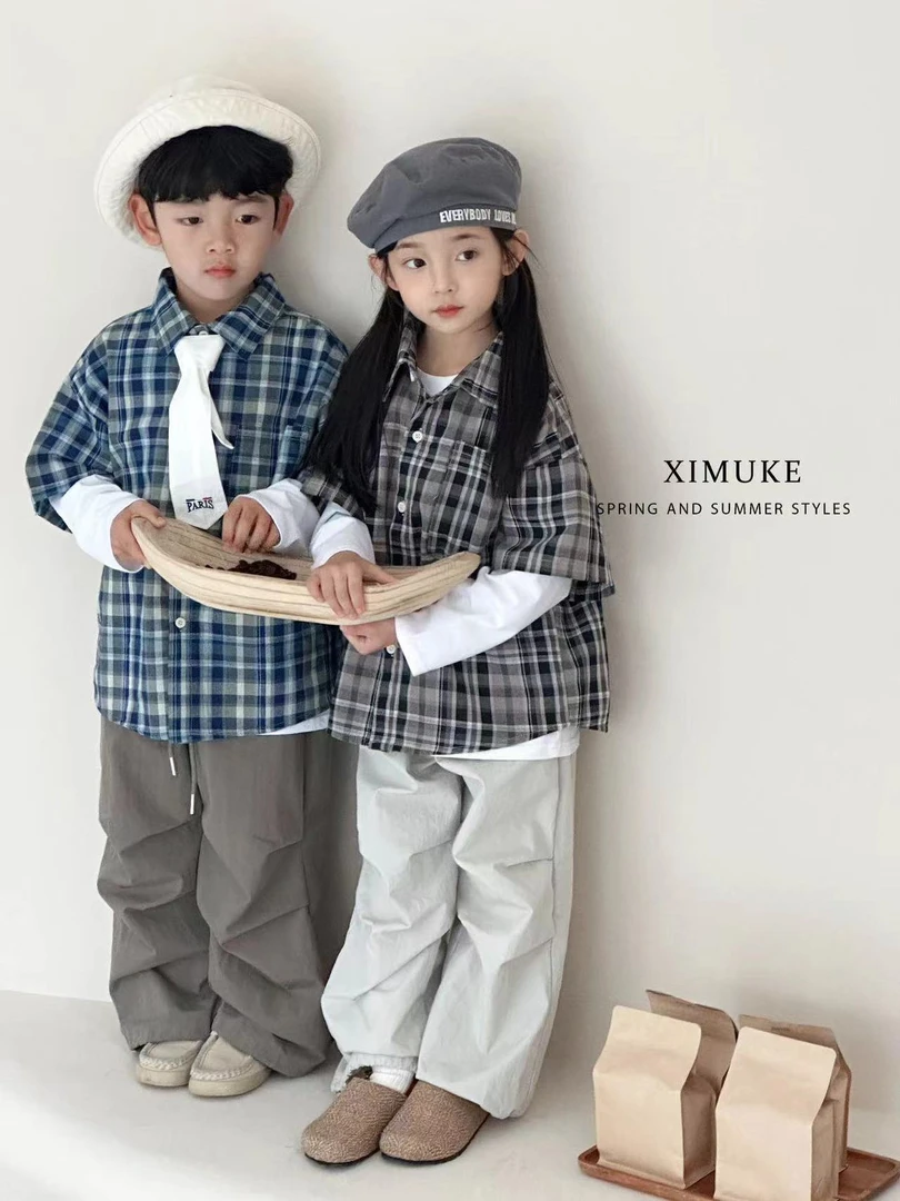 2024秋季新款中小童中性风男女童时尚百搭潮款格子衬衫两件套