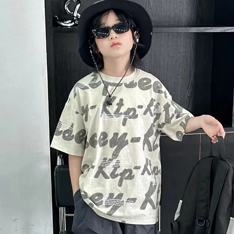 中大童2024夏季新款木28189男女童时尚休闲圆领韩版短袖T恤