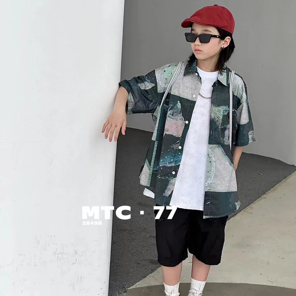 中百搭短大童2024夏季新款木28456男女童儿童休闲衬衫短袖