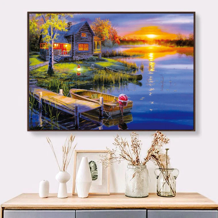 皇室蒙娜丽莎十字绣2025新款客厅田园湖边晚霞欧式风景小屋手工绣